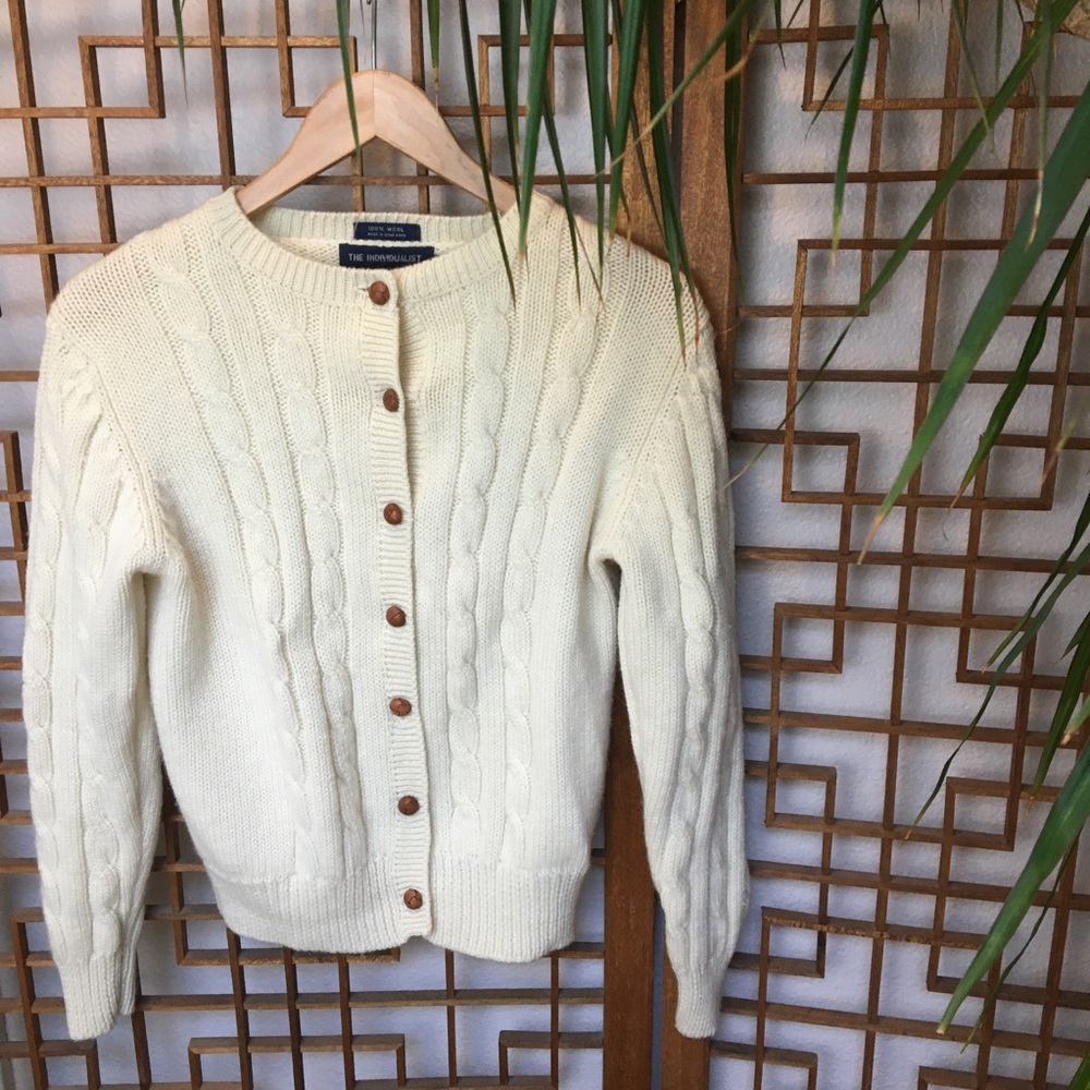 Vintage Wool Cable Cardigan with Leather Buttons